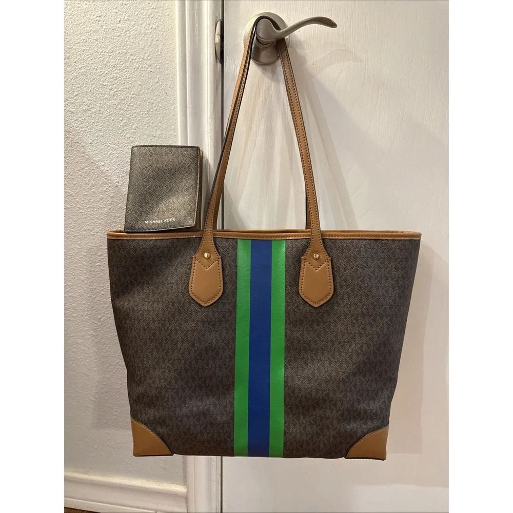 Michael Kors Eva Large Logo Stripe Tote  Multi Shoulder Bag And Wallet